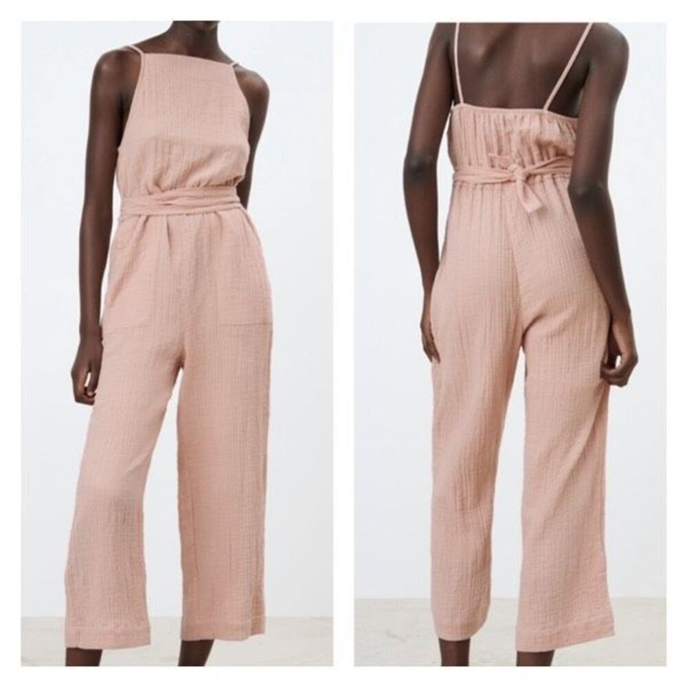 NWT Zara Women's‎ Gauzy Tie Waist Jumpsuit Pink Rose Small Minimalist Textured